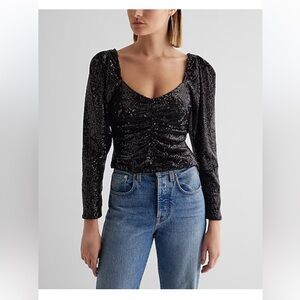 Express Black Sequin Sweetheart Neckline Puff Sleeve Ruched Front Top NEW